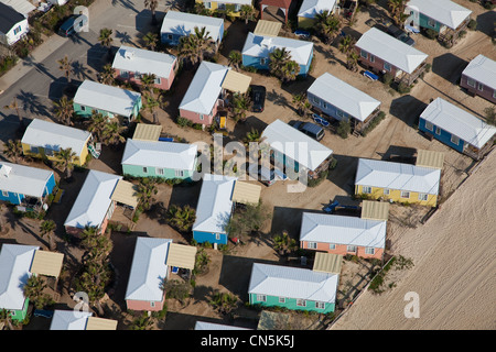 France, Var, Presqu'ile de St Tropez, Ramatuelle, Pampelonne beaches, luxury mobile home, the Golden Fleece (aerial view) Stock Photo