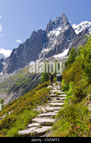 France, Haute Savoie, Chamonix Mont Blanc, hiking on Montenvers by Les Rendez vous du Montenvers Theme hiking trail with a view Stock Photo