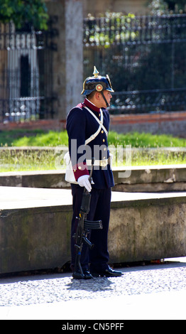 Soldier of the Colombian Presidential Guard standing guard in traditional uniform at the Colombian presidential palace in Bogota Stock Photo