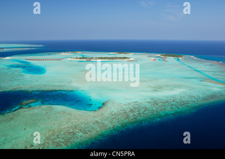 Maldives, South Male Atoll, Dhigu Island, Anantara Resort and Spa Hotel, Anantara Veli Island and its Lagoon (aerial view) Stock Photo