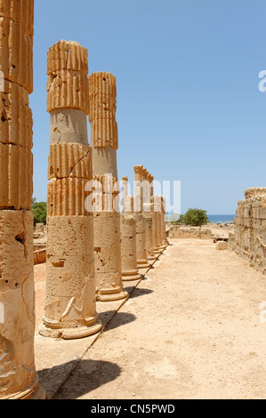 Ptolemais. Cyrenaica. Libya. View of the columns and ruins of the impressive Columned Palace or Villa of the Columns which Stock Photo