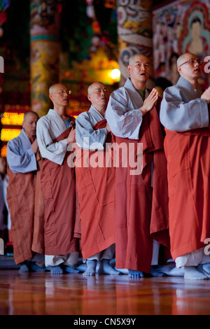 South Korea, North Chungcheong Province, Chungju, Seokjong Buddhist Temple, procession of praying monks Stock Photo