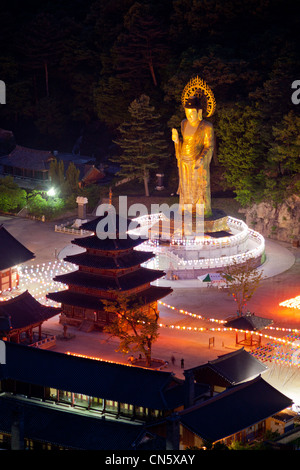 South Korea, North Chungcheong Province, Cheongju, Beopju Buddhist temple, night view of the temple and lanterns marking Stock Photo