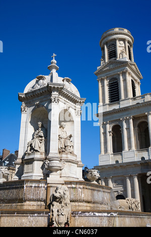 France, Paris, St Sulpice fountain on St Sulpice square and St Sulpice church in the background Stock Photo