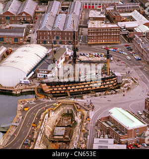 historic aerial view of HMS Victory in Portsmouth Dockyard in September 1984 Stock Photo