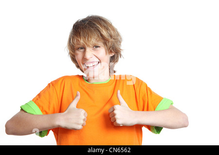 happy child with thumbs up for success Stock Photo