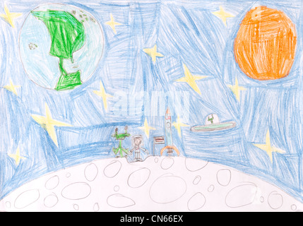 children's drawing - space. Landing on the moon Stock Photo