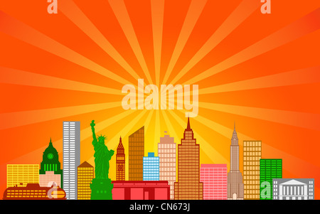 New York City Skyline Panorama Color Silhouette with Sun Rays Clip Art Illustration Stock Photo