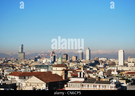 Landscape panoramic view of Milan from Duomo cathedral roof, Lombardy, Italy Stock Photo