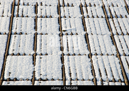 Background of slate roof covered with snow in winter sun illuminated. Material harmful to health. Stock Photo