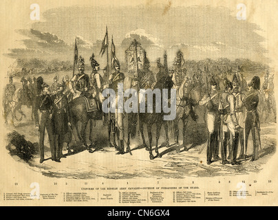 1854 engraving, Uniforms of the Russian Army Cavalry, Division of Cuirassiers of the Guard. Stock Photo