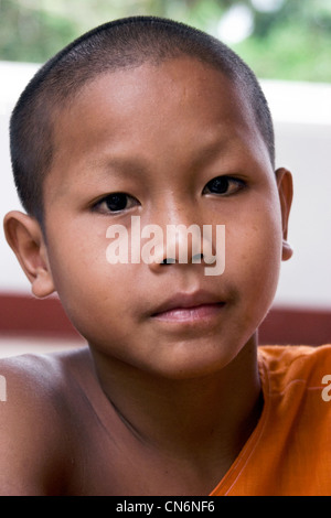 A young Buddhist monk is posing for a portrait at a temple in Vientiane, Laos. Stock Photo