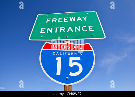 Interstate 15 freeway entrance sign in California's Mojave desert. Stock Photo