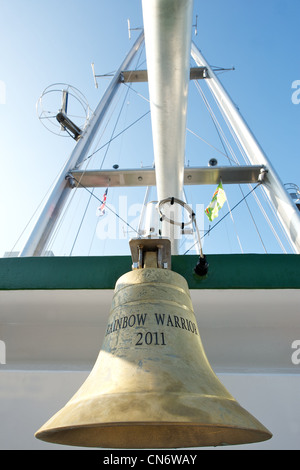 Ship's bell of Greenpeace's Rainbow Warrior III sailing ship Stock Photo