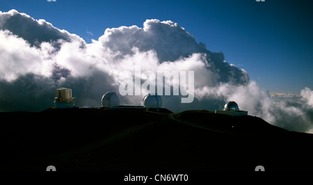 Mauna Kea observatories in dramatic cloud Big Island, Hawaii Stock Photo