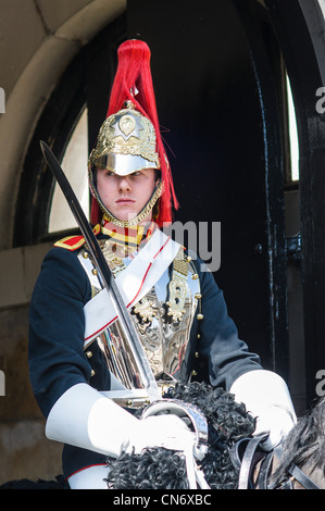 Portrait of mounted Royal Horse Guard in traditional outfit. Stock Photo