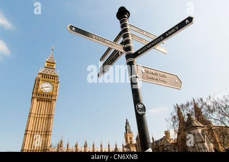 Low angle shot of Big Ben in London, with directions sign in the foreground pointing to famous tourist attractions around the area. Stock Photo