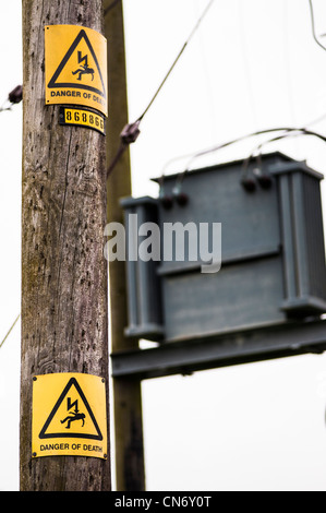 Danger of Death Yellow Warning Sign on a Telegraph Pole, with Electricity Junction Box & Cables. Stock Photo