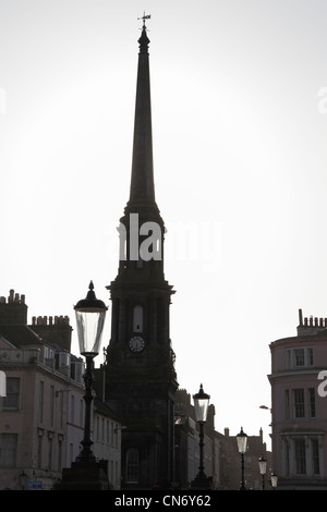 Ayr Town Hall steeple in silhouette, New Bridge Street, Ayr, South Ayrshire, Scotland, UK Stock Photo