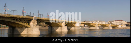 Wide panoramic shot of the recenty renewed Margit bridge in Budapest. Stock Photo