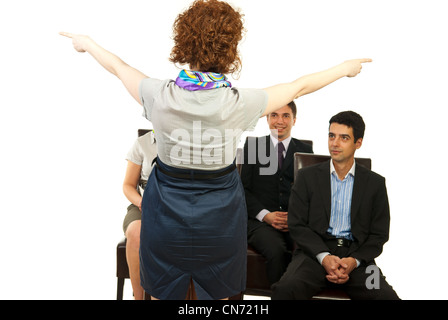 Stewardess training show emergency exists to her colleagues on chairs over white background Stock Photo