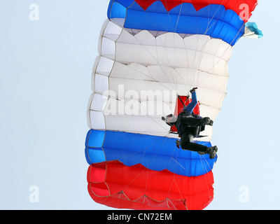 Parachutist Jumper in the helmet after the jump Stock Photo