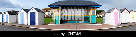 Panoramic of Shelter and Beach Huts on the Promenade at the English Riviera Resort of Paignton in Devon, England. Stock Photo