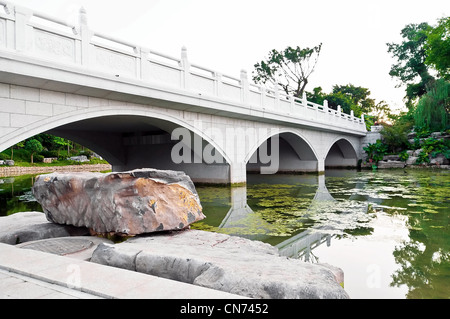 White chinese bridge over a river in a city park Stock Photo