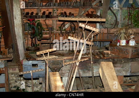 Interior of a reconstructed wheelwrights workshop at the Manor Farm Museum, Hampshire, England. Stock Photo