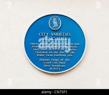 Blue plaque outside the Leeds City Varieties Music Hall, Swan Street, just off Briggate, Leeds, West Yorkshire, England Stock Photo