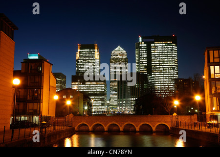 Office skyscrapers in Canary Wharf at Night. Canary Wharf is the main financial district at London  Stock Photo