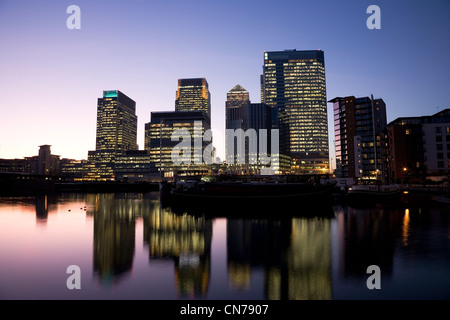 Office skyscrapers in Canary Wharf at Night. Canary Wharf is the main financial district at London  Stock Photo