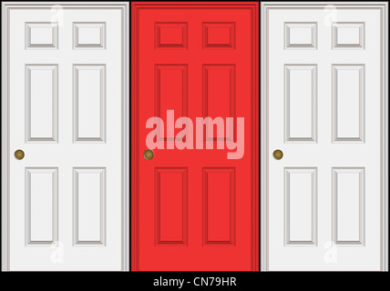 Realistic illustration of an entryway with three doors two white and one red in the middle. Stock Photo
