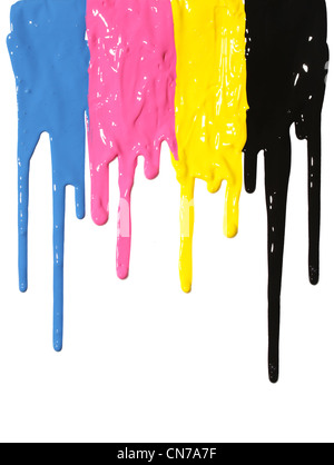 CMYK paint dripping isolated on white Stock Photo