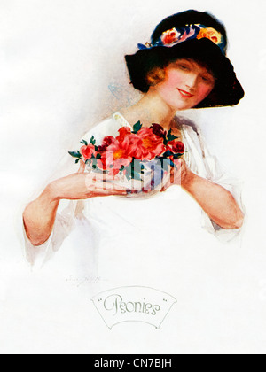 Peonies, 1921 Art Deco illustration of a pretty girl in a black hat with a bowl of flowers Stock Photo