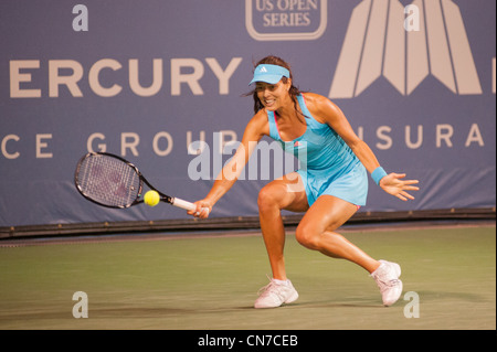 Tennis player, Ana Ivanovic, returns shot at La Costa Resort during the Mercury Insurance Open. Stock Photo