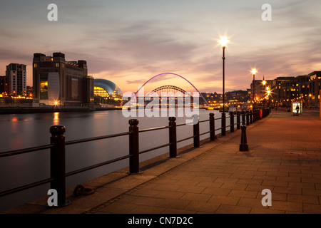 Night shot of Newcastle Gateshead quayside,including Millenium Bridge,Sage, Tyne Bridge,on the river Tyne in Newcastle-upon-tyne