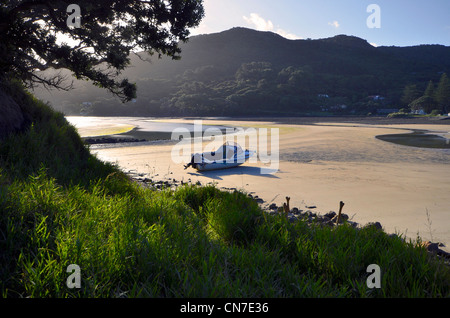 Boat on sand dunes in late afternoon sun, Shoal Bay, Tryphena harbour, Great Barrier Island New Zealand Stock Photo