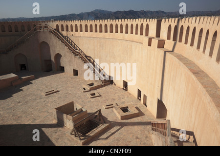 Kanonenplattform im Fort Nizwa. Nizwa ist das Zentrum des omanischen Kernlandes. Die Oasenstadt liegt am Südrand des Hadschar-Ge Stock Photo