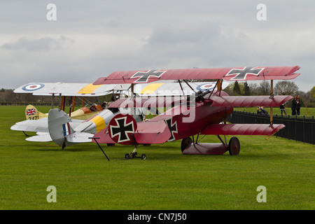 BE-2c Observation Biplane and Fok.DRI 477/17 Triplane at Sywell Aerodrome Northamptonshire Stock Photo