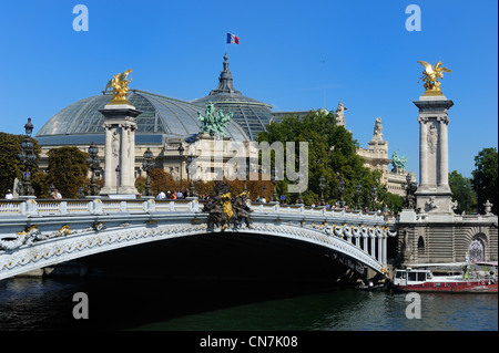 France, Paris, the banks of the Seine river listed as World Heritage by UNESCO, the Grand Palais and the Alexander III Bridge Stock Photo