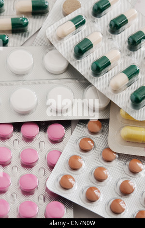 A variety of medicinal tablets and  capsules in blister pack Stock Photo