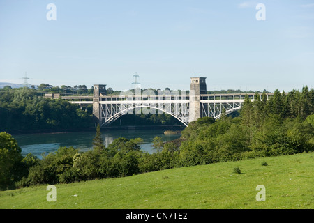 Britannia Bridge over Menai Straits from the Anglesey side, North Wales Stock Photo