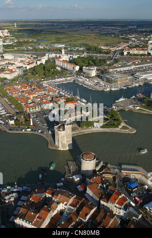 France, Charente Maritime , La Rochelle, the old harbour and the Saint Nicolas and Chaine Towers seen from the lighthouse Stock Photo