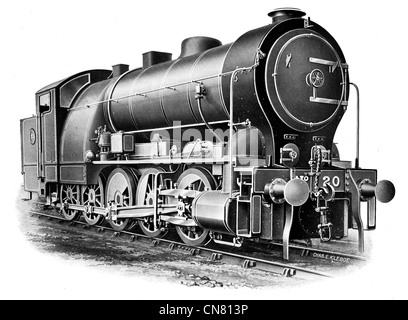 1900 steam train locomotive engine railway boiler driver carriage power transport Stock Photo