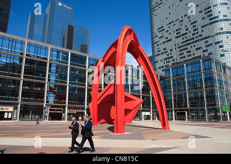 France, Hauts de Seine, La Defense, sculpture by Alexander Calder called L'Araignee Rouge, Total and Coeur Defense buildings in Stock Photo