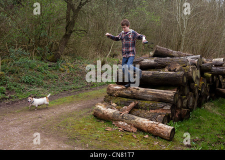 Teenage boy jumps down off a pile of logs during a countryside walk with his pet dog.