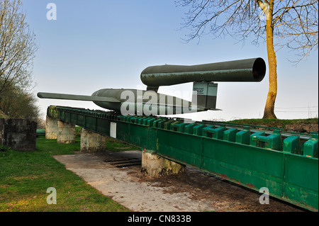 German World War Two launching ramp with flying bomb / doodlebug at the V1 launch site at Ardouval / Val Ygot, Normandy, France Stock Photo