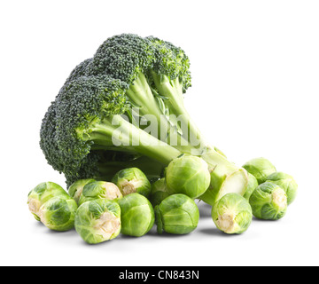 Fresh broccoli and brussels sprouts isolated on a white background Stock Photo