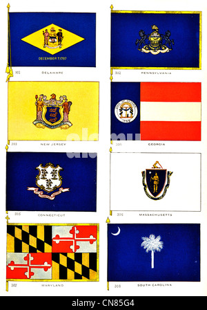 First published 1917 Flag Flags Standard Deleware Pennsylvania New Jersey Georgia Connecticut Massachusetts Maryland Stock Photo